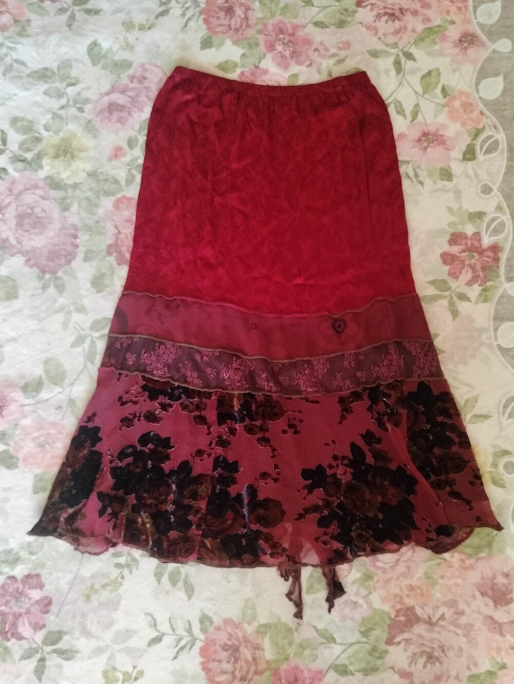 Boho Velvet Panel Midi Skirt in Deep Wine